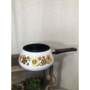 Vtg  70s Harvest Blossom Porcelain Enamel Cookware Saucepan/ Fondue Pot No Lid